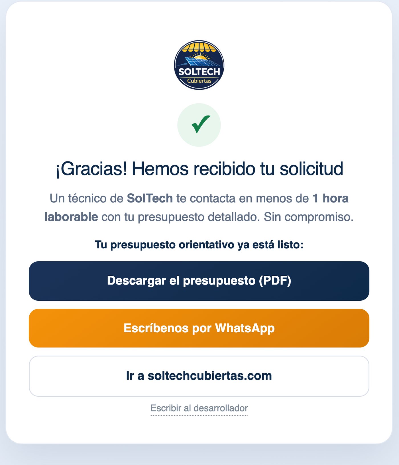 Página de gracias con el presupuesto en PDF